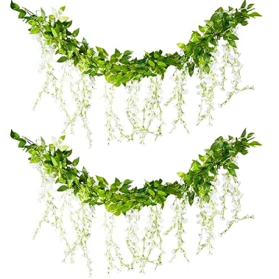 Image of Tuocal 4x6FT Artificial Wisteria Vine Flowers, Fake Garland Hanging Silk Ivy Plants for Wedding Party Home Decoration, White