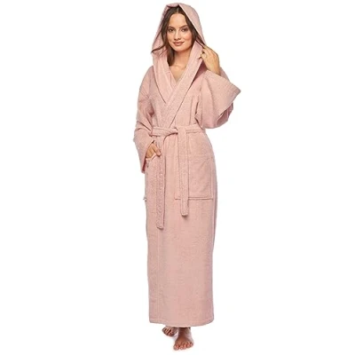 Image of Women`s bathrobe with hood, Astra, calf length or ankle length, 100% cotton terry towelling powder pink Size: Women XL Long (Unisex L Long)