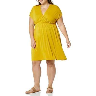Image of Amazon Essentials Women&#039;s Surplice Dress (Available in Plus Size), Dark Golden Yellow, XS