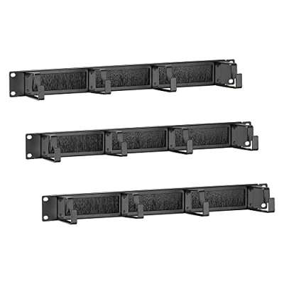 Image of kwmobile 1U 19&quot; Server Rack Cable Management Brackets Set of 3 Steel Organisers for Fibre Optic, Network, Patch Cables with Brushes