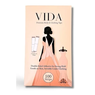 Image of VIDA Premium Double Sided Body Tape And Clothing Tape, 100 Strips, Fabric Invisible Under Clothes. Transparent Strong Hold Fashion Tape.