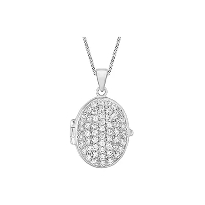 Image of Tuscany Silver Women&#039;s Sterling Oval Cubic Zirconia Locket Pendant on Adjustable Curb Chain Necklace of 41cm/16&quot; 46cm/18&quot;