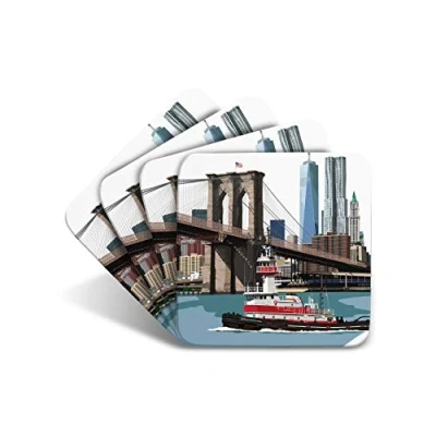 Image of New York&quot;Brooklyn Bridge&quot; Set of 4 Coasters American USA Gift by Leslie Gerry