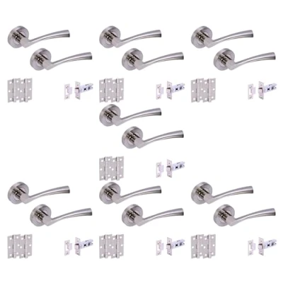 Image of HANDLEZONE® 7 Sets Lobo Internal Door Handles on Rose Lever Latch Packs with 75mm Ball Bearing Hinges and 76mm Latches Dual Polished/Satin Nickel