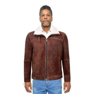 Image of Men&#039;s Brown/Cream Shearling Sheepskin Harington Bomber Leather Flying Jacket S