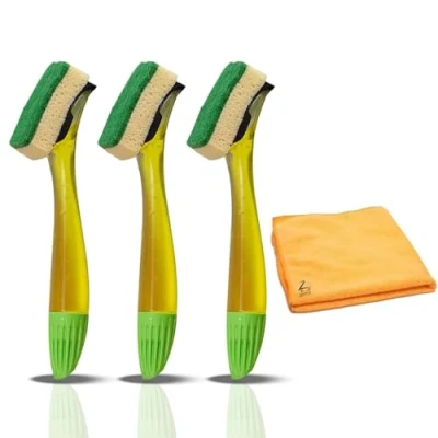 Image of Fillable Washing up Brush with Handle And Zopper Microfiber Cloth Colour Design May Vary Pack of 3 (Design Color Vary)