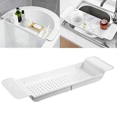 Image of Extendable Plastic Bath Rack Tray Tub Caddy Telescopic Drain Bathtub Bathroom Shower Organizer Basin Storage