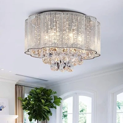 Image of BESTIER Modern Crystal Raindrop Drum Chandelier Shade Lighting Ceiling Flush Mount LED Light Fixture Pendant Lamp for Dining Room Bathroom Bedroom Livingroom 6 E14 Bulbs Required