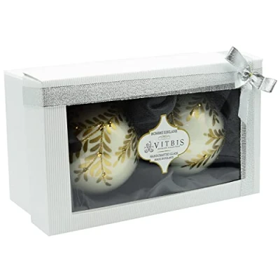 Image of Vitbis Christmas Tree Decoration Set of Two 10 cm Diameter Milky White with Golden Flower and Glitter Handmade Hand Painted Baubles Gift Ready Box Ribbon