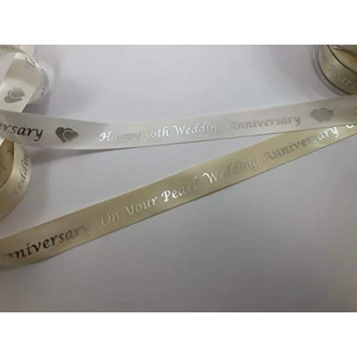 Image of Happy 30th Wedding anniversary 25mm Ivory satin ribbon with metallic silver print, 1 Metre length