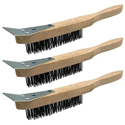 Image of Wooden Wire Brush Set Heavy Duty 4 Row Steel with Handle and Metal Scraper, for Rust Removal Abrasive Cleaning (Set of 3 Brushes)