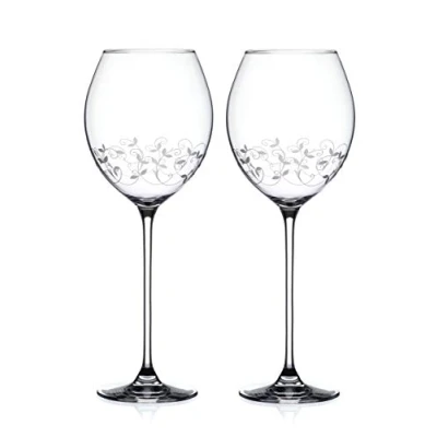 Image of DIAMANTE Red Wine Crystal Glasses Pair with Intricate Filigree Etched Design Set of 2 in Gift Box