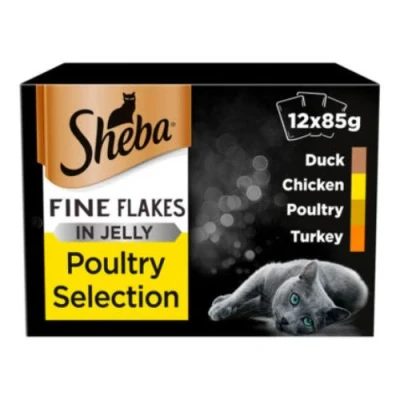 Image of Sheba Fine Flakes Poultry Selection In Jelly Cat Food Pouches 12 x 85g