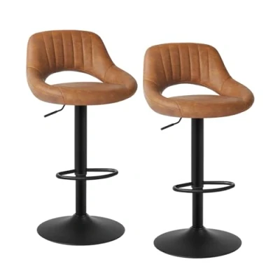 Image of EUGAD Set of 2 Bar Stools Brown Kitchen Counter Island Chairs Pair, Soft Faux Leatherette PU Seat, Solid Adjustable Gas Lift Frame 0667BY