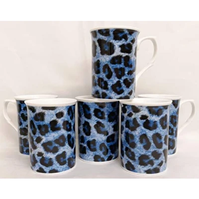 Image of Leopard Blue Mugs Set 6 Fine Bone China Animal Print Cups Hand Decorated UK