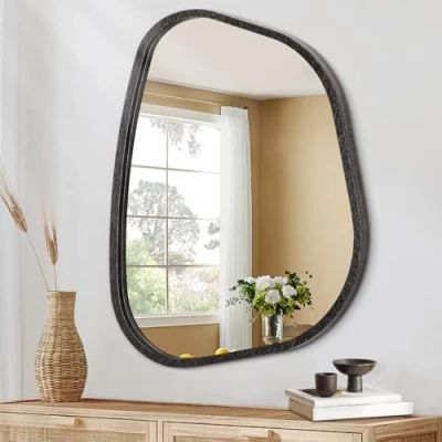 Image of HLFMVWE Irregular Wooden Framed Wall Mirror Modern Oval Asymmetrical Unique Hanging Artistic Wavy boho Decor Bathroom Vanity Bedroom Living Room Entryway Hallway Small 40 x 30CM