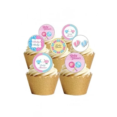 Image of 24 Precut Round Pink &amp; Blue Baby Shower Edible Wafer Paper Cake Toppers