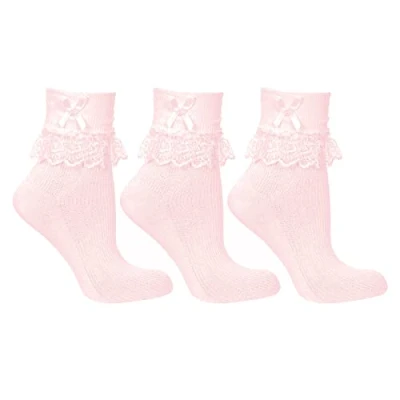 Image of undercover lingerie 3 Pairs Girls Jester Frilly Lace Bow Ankle Socks Pink 9 12