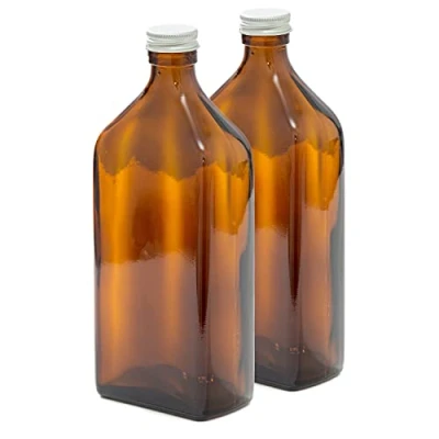 Image of Aura 500ml RECTANGULAR Amber Glass Bottles with Pretty SILVER Lids PACK of 2