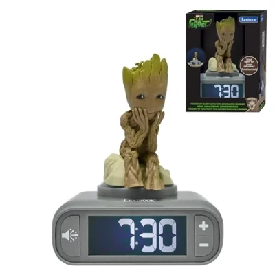 Image of LEXIBOOK, Marvel Guardians of the Galaxy, Groot Nightlight Alarm Clock, Sounds and Melodies, Backlit LCD Screen, Illuminated, Snooze, Grey/brown, One size