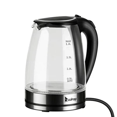 Image of Electric Kettle, 1.8L Glass Kettles with Blue LED, 2000W, 5 Mins Fast Boil, Easy to Clean, Auto Shut Off and Boil Dry Protection