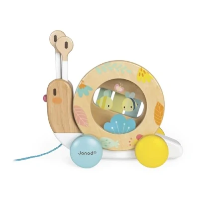 Image of Janod Wooden Pure Pull Along Snail Toy with Xylophone and Tambourine Water Based Paint Educational Musical Early Learning from 1 Year Old, J05159