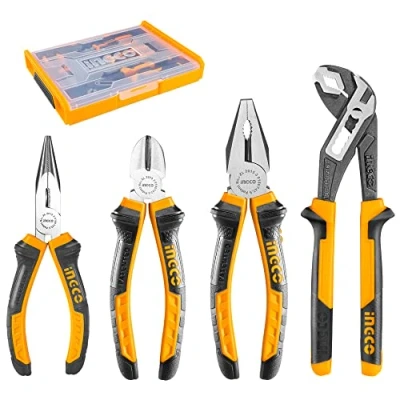 Image of INGCO 4Pcs Pliers Set 8 Inch Combination 7 Diagonal Cutting 6 Long Nose 10 Pump with Stackable Plastic Box HKTV01P041