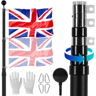 Image of VEVOR 25FT Telescopic Flagpole Kit, Heavy Duty Aluminum Alloy Flag Pole Kit in Ground for Outside, 3 Display Modes with Professional Accessories, British Flag, Black
