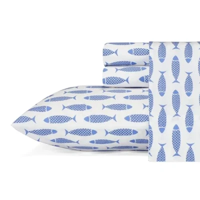 Image of Nautica Queen Sheets, Cotton Percale Bedding Set, Crisp &amp; Cool, Coastal Home Decor (Woodblock Fish Blue, Queen)