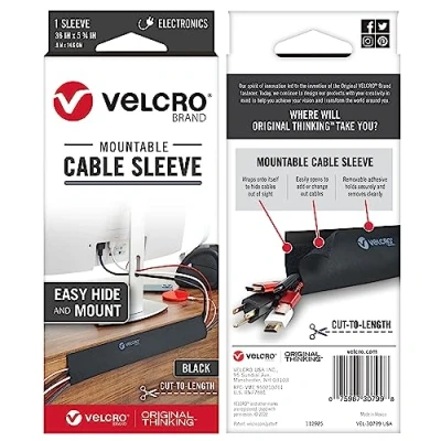 Image of VELCRO Brand Mountable Cable Sleeves Roll Tidy Perfect Desk Organiser for Management 91cm x 14.6cm Black