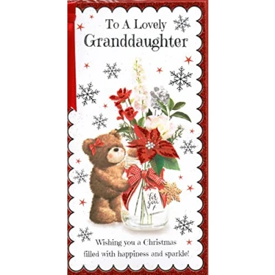 Image of prelude Granddaughter Christmas Card To A Lovely At Wishes Just For You Teddy Bear &amp; Flowers Slim Size 23cm x 14cm (Code 42588)