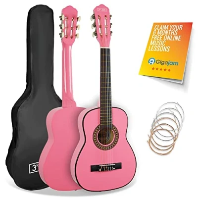 Image of 3rd Avenue 1/4 Size Kids Classical Guitar Spanish Nylon String Beginner Pack Bundle 6 Months FREE Lessons, Bag, Strings Pink