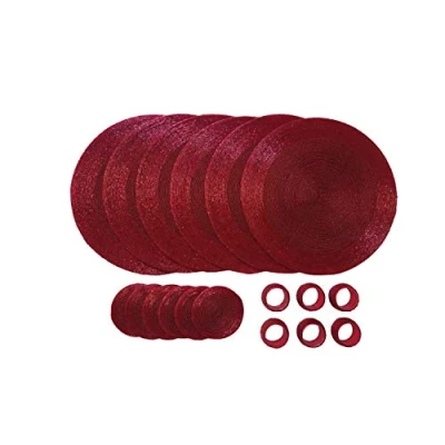 Image of Penguin Home Handcrafted Glass Beaded Round Placemats, Coasters &amp; Napkin Rings Set of 18 Handmade Table Place Mats for Dining 32 cm (13&quot;) Diameter (Red)