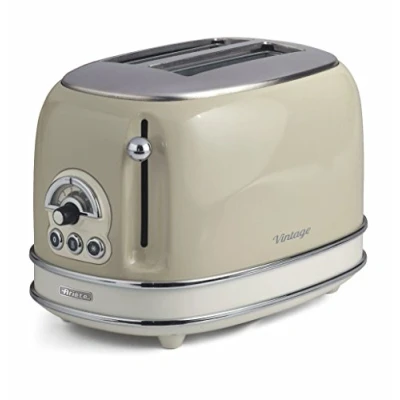 Image of Ariete 0155/13 Retro Style 2 Slice Toaster, 6 Browning Levels and Removable Crumb Tray, 3 Functions Including Cancel, Defrost Reheat, Non Slip Feet, Vintage Design, Beige