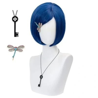Image of Coraline Cosplay Wig for Women, Dark Blue Bob Short straight Synthetic Wigs with Key Necklace Dragonfly Hairpin, Halloween Costume Party