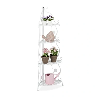 Image of Relaxdays Metal Plant Stand, 4 Tiers, Decorative Rack, Indoor &amp; Outdoor, HxWxD: 113.5 x 31 cm, Corner Shelf, White, Iron