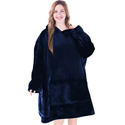 Image of EHC Unisex Sherpa Oversized Microfiber Wearable Warm Hooded Sweatshirt Cuddly Blanket Navy Blue
