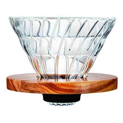 Image of Hario V60 Dripper Glass Olive Wood 02 Size (1 4 Cups) + Measuring Scoop, 126 x 124 107 cm