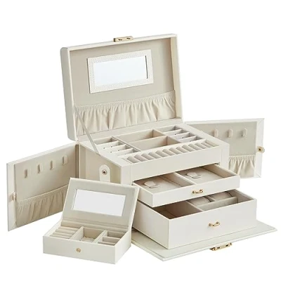 Image of SONGMICS Jewellery Box 3 Layers, Organiser with 2 Drawers, Case Portable Travel Case, Handle, Lockable, Gift Idea, Cloud White PU Cover, Cream Lining JBC121W02