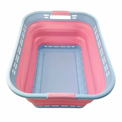 Image of SAMMART 42L Collapsible Plastic Laundry Basket Foldable Pop Up Storage Container/Organizer Portable Washing Tub Space Saving Hamper/Basket (Cool Blue/Maglia Rosa)