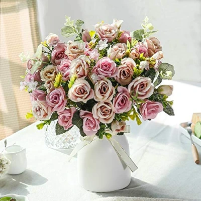 Image of LESING Artificial Silk Rose with Vase Fake Flowers Wedding Bouquets Arrangement Home Office Party Centerpiece Table Decoration (Purple)
