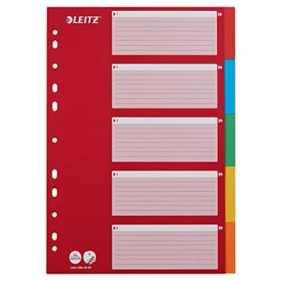 Image of Leitz A4 1 5 Dividers with Index, Heavy Duty Recycled Cardboard, Red/Multicolour