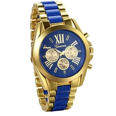 Image of JewelryWe Men&#039;s Roman Numbers Dial Two Tone Stainless Steel Dress Watch Blue Gold Color
