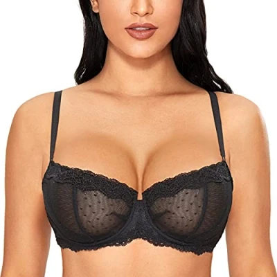 Image of DOBREVA Women&#039;s Sexy Lace Balconette Bra Unlined Underwire Open Half Cup See Through Sheer Balcony Black 36C