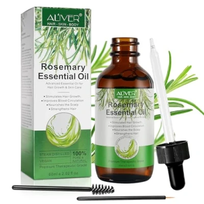 Image of Organic Rosemary Oil for Hair Growth, 60ml Natural Essentia Oil, Pure Essential Skin &amp; Care, Eyelashs, Eyebrows, Face, Body Massage Loss Treatment