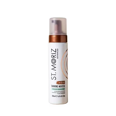 Image of St Moriz Advanced Colour Correcting Tanning Mousse in Medium With Hyaluronic Acid, Vitamin B5 &amp; Skin Care Benefits Neutralises Red Tones Fast Drying Vegan Fake Tan 200ml