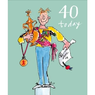 Image of Male 40th Birthday Card Age 40 Quentin Blake Medals and Trophy Illustrated Design Made in the UK Eco Friendly