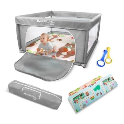 Image of Mobiclinic®Kids Baby Playpen with Mat, Foldable, 125X125cm, for Babies and Toddlers, Happyland, Transport Bag, Reversible Playmat, Breathable Fabric, Washable, Handles, Easy Storage