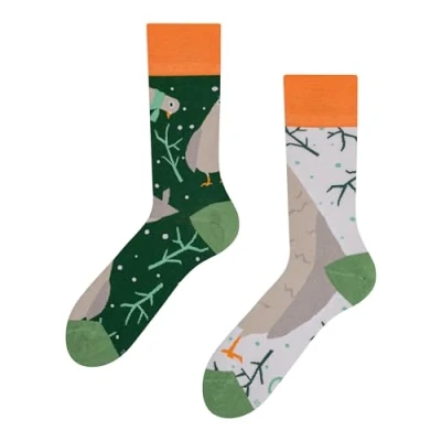 Image of Dedoles Unisex Socks for Women, Men &amp; Kids Cotton Funny Designs Football Bicycle Horses Plants Firefighter Gift Mismatched, Design: Winter Doves, Colour: Green, Size: 8 9.5 W / 9 11 M UK