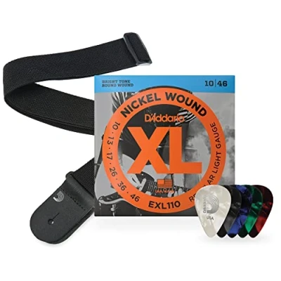 Image of D&#039;Addario Electric Guitar Strings, Picks, Strap Kit EXL110 XL Nickel Wound 10 46 Light Poly Pro Black pack Celluloid Assorted, Medium Gauge Picks